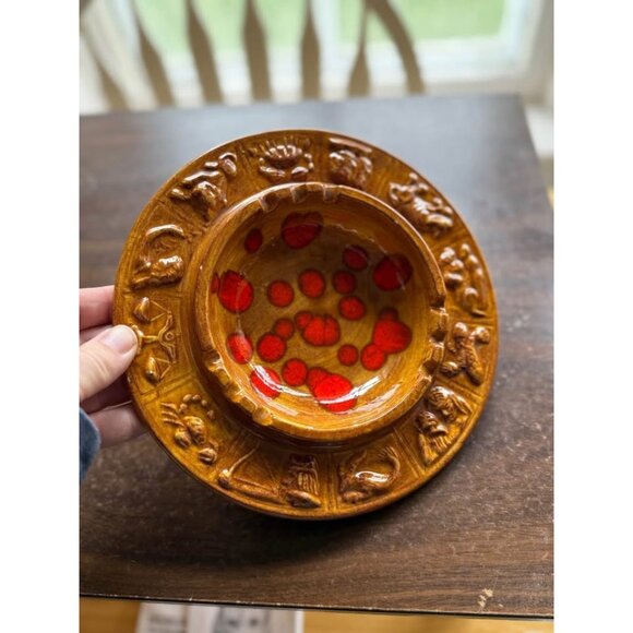 70s Ceramic Dish Ashtray Red Brown 1972 8.5" - Picture 2 of 5